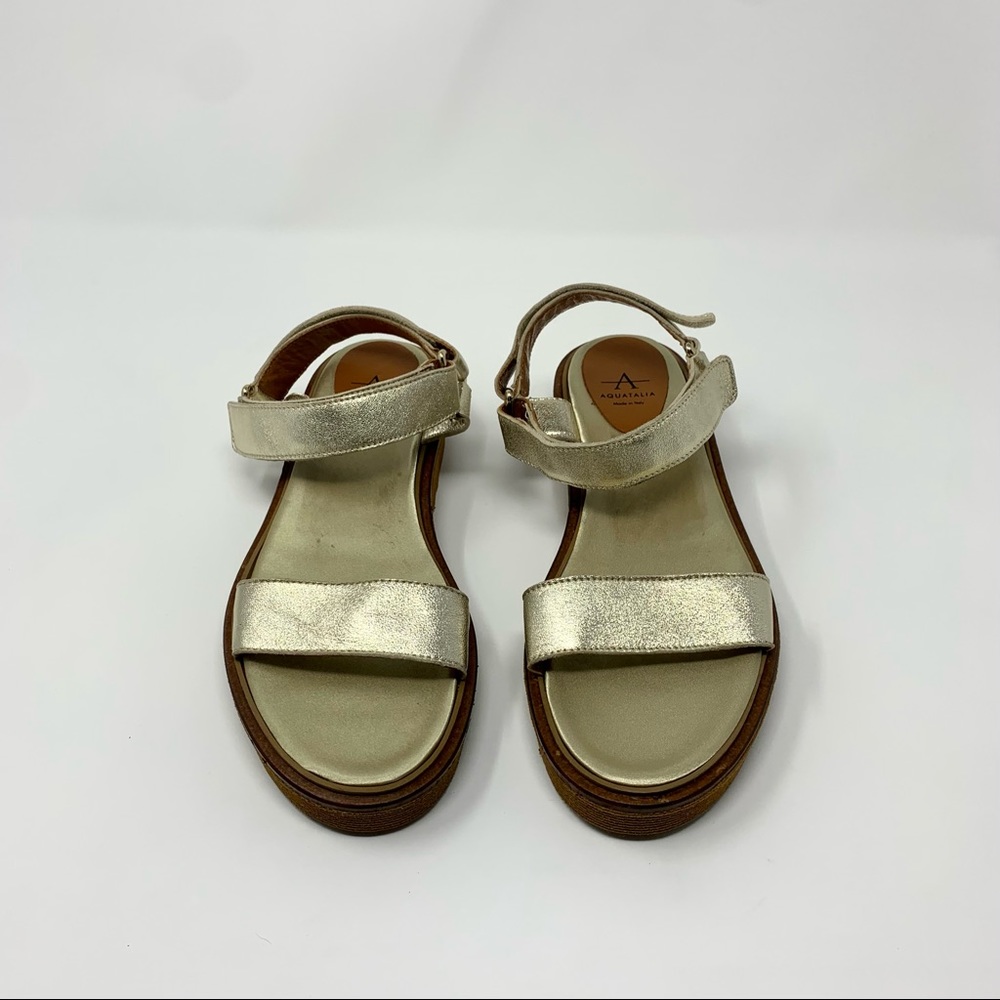 Aquatalia Wande Metallic Weatherproof Leather Platform Wedge Sandals Shoes